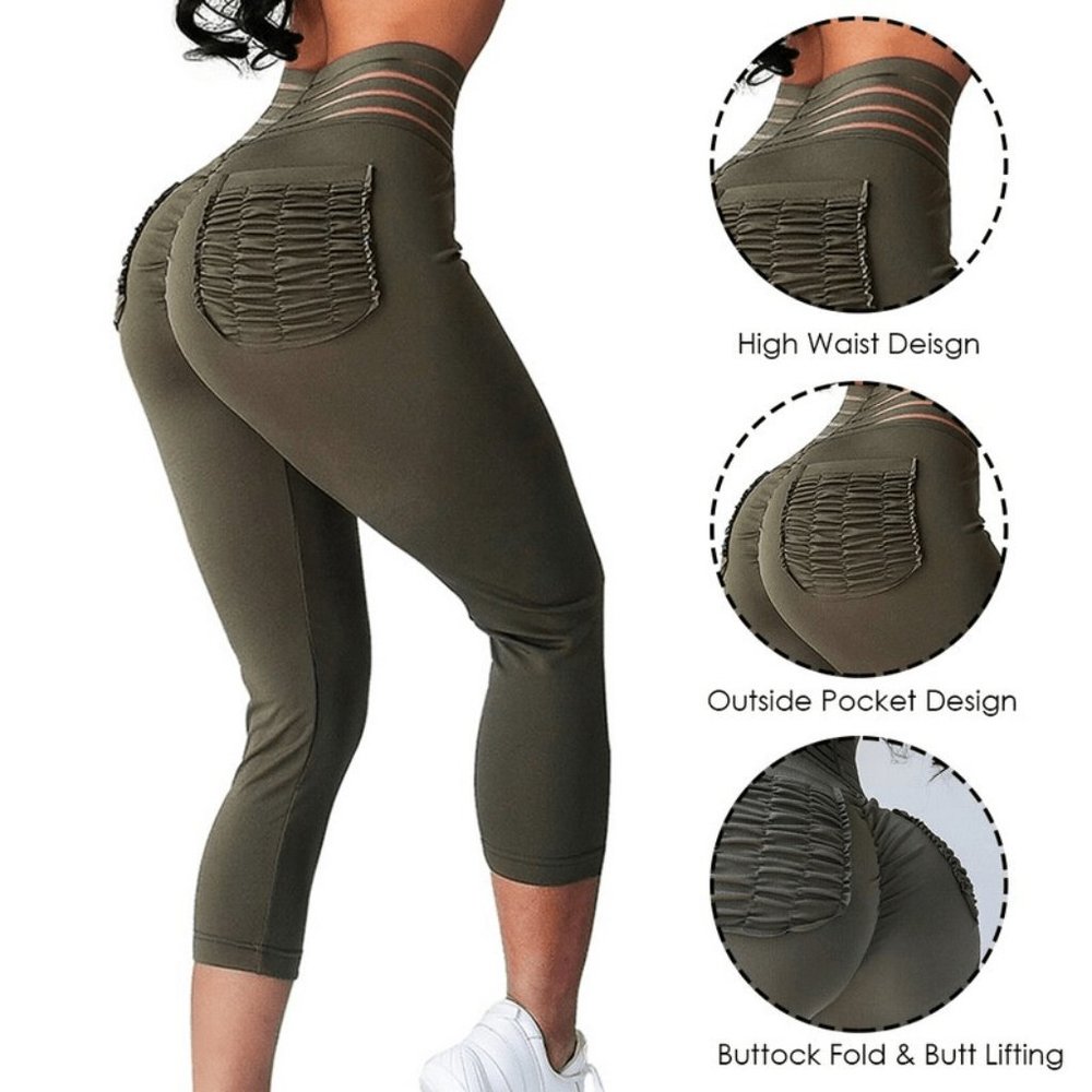 Sexy Army Green Scrunch Back Capri Leggings. - Picture 5 of 6